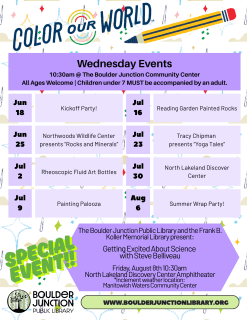 "Color Our World" Summer Programming Schedule flyer for the Boulder Junction Public Library.