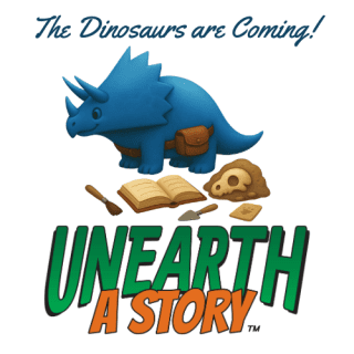 Cartoon image of a dinosaur and various archeology tools. Text above reads "The Dinosaurs are Coming!". Text below reads "Unearth a Story".
